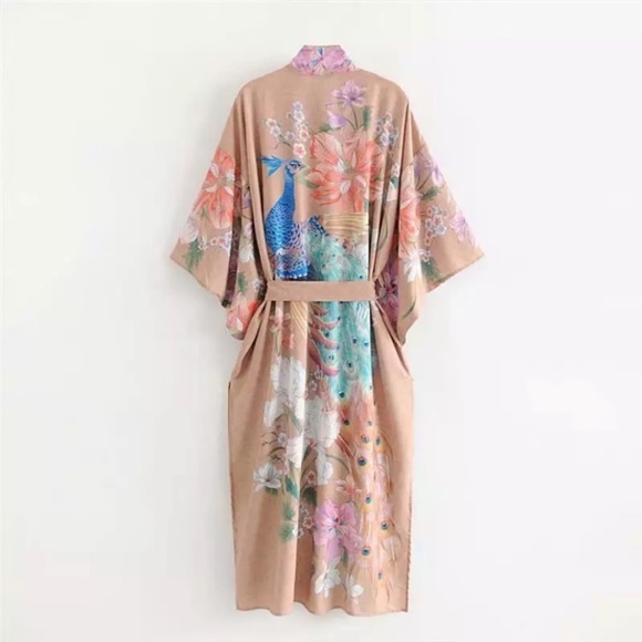 Boho Tan Floral Peacock Kimono Duster Robe Wrap - Picture 10 of 14